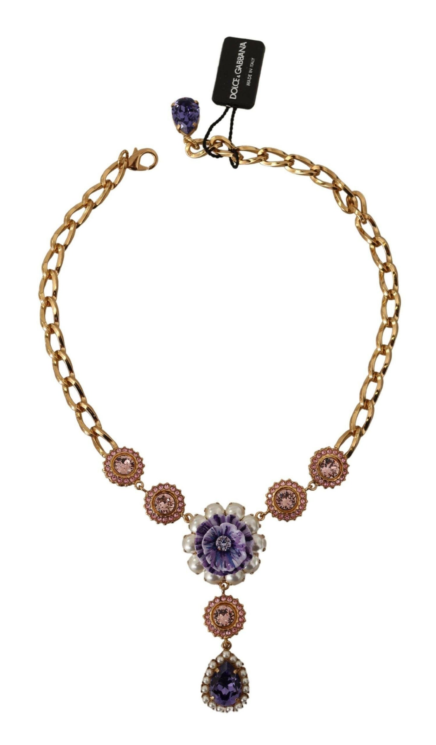 Dolce & Gabbana Gold Brass Crystal Purple Pink Pearl Pendants Necklace