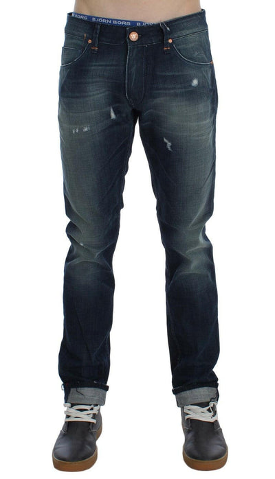 Acht Slim Fit Jeans aus Baumwolldenim in blauer Waschung