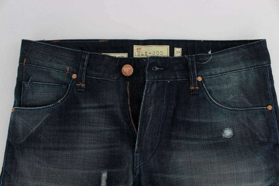 Acht Slim Fit Jeans aus Baumwolldenim in blauer Waschung
