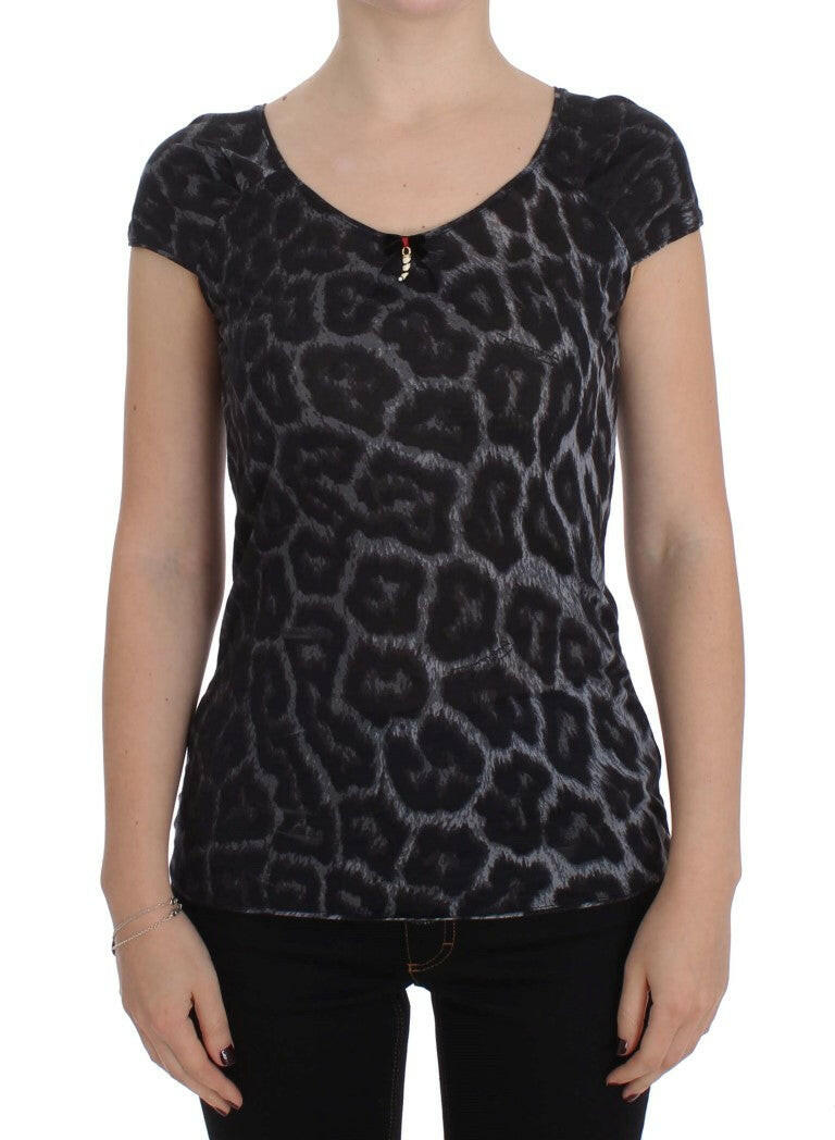 Cavalli Gray Leopard Modal T-Shirt Blouse Top