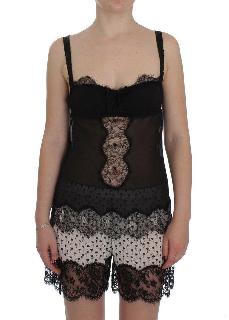 Dolce &amp; Gabbana – Schwarzes Dessous-Top aus Seidenspitze mit Blumenmuster