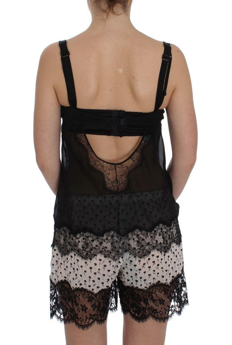 Dolce &amp; Gabbana – Schwarzes Dessous-Top aus Seidenspitze mit Blumenmuster