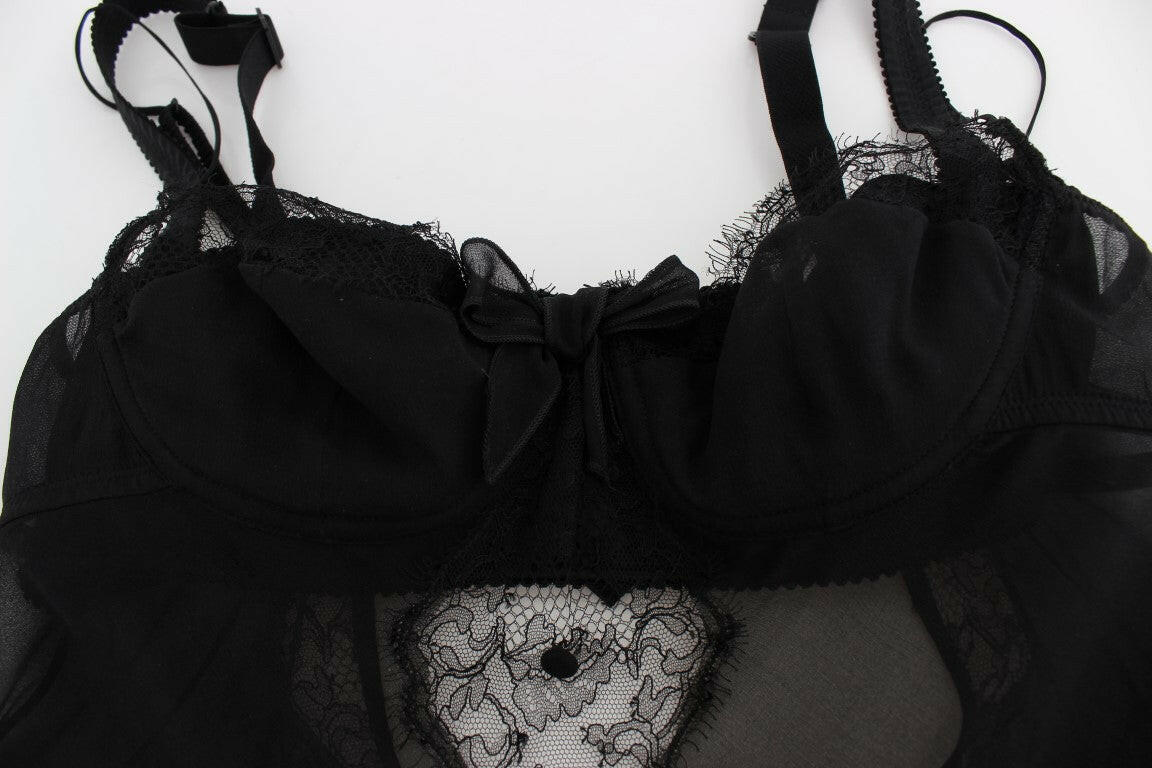 Dolce &amp; Gabbana – Schwarzes Dessous-Top aus Seidenspitze mit Blumenmuster