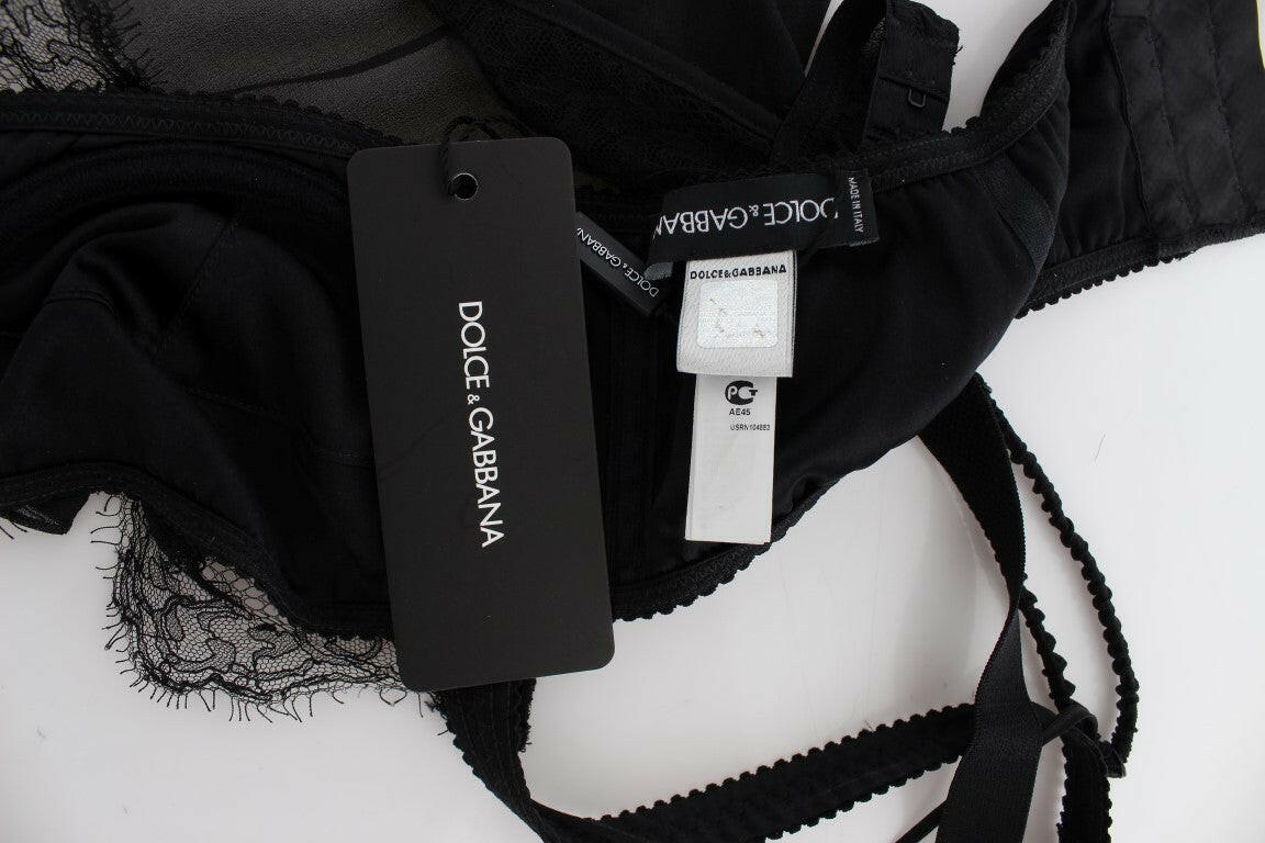 Dolce &amp; Gabbana – Schwarzes Dessous-Top aus Seidenspitze mit Blumenmuster