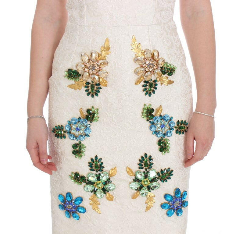 Dolce & Gabbana White Brocade Crystal Sheath Dress