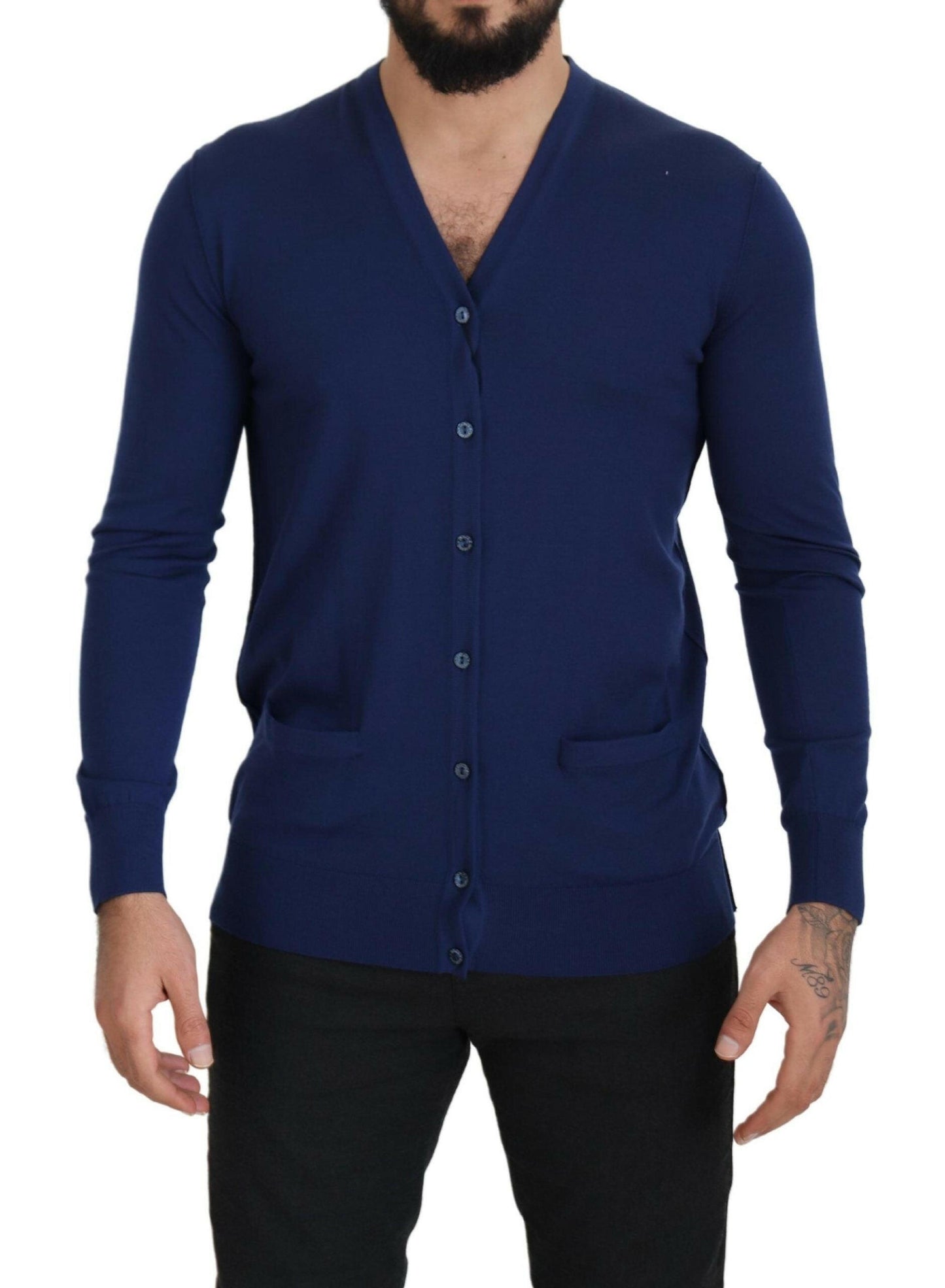 Dolce &amp; Gabbana Blauer Cardigan aus Wolle mit V-Ausschnitt und Knopfleiste
