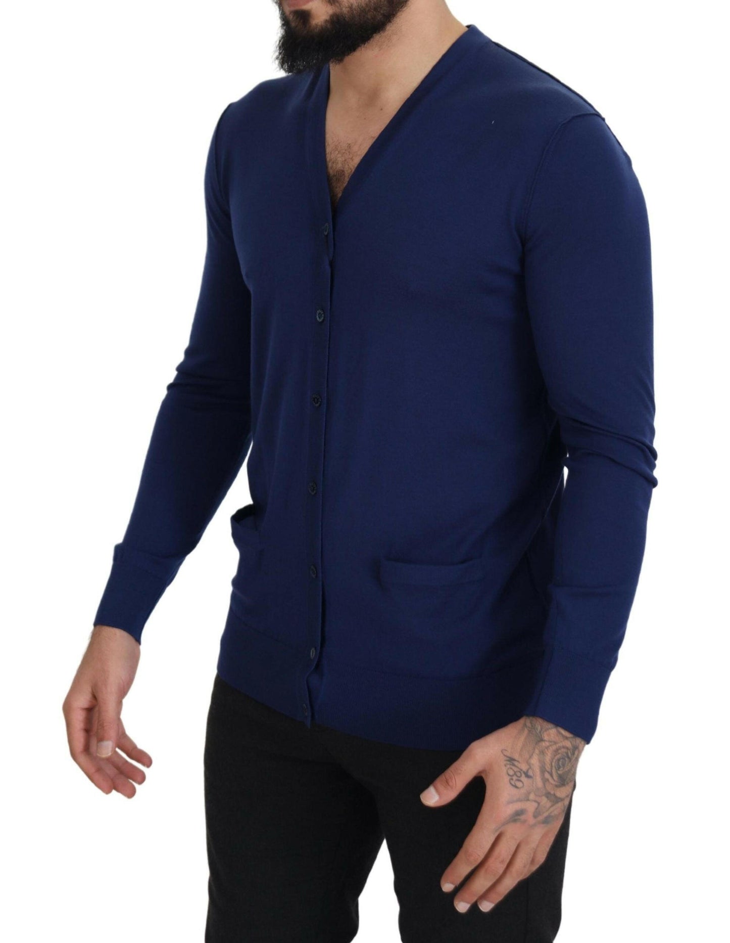 Dolce &amp; Gabbana Blauer Cardigan aus Wolle mit V-Ausschnitt und Knopfleiste