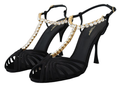 Dolce & Gabbana Black Satin Clear Crystal T-strap Sandal Shoes