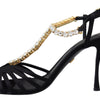 Dolce & Gabbana Black Satin Clear Crystal T-strap Sandal Shoes