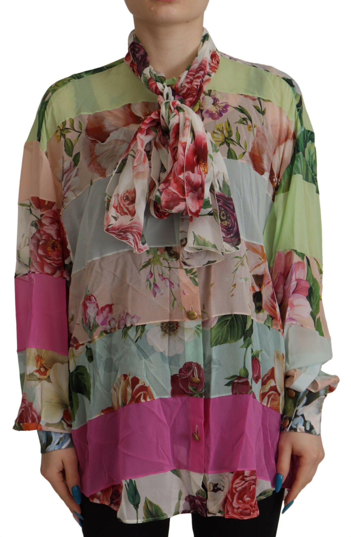 Dolce &amp; Gabbana Bluse mit mehrfarbigem Ascot-Kragen und floralem Patchwork-Design
