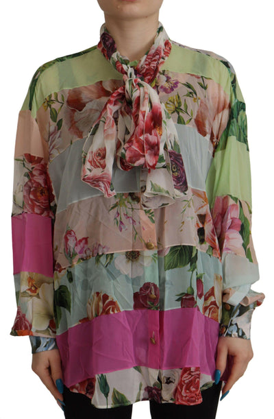 Dolce &amp; Gabbana Bluse mit mehrfarbigem Ascot-Kragen und floralem Patchwork-Design