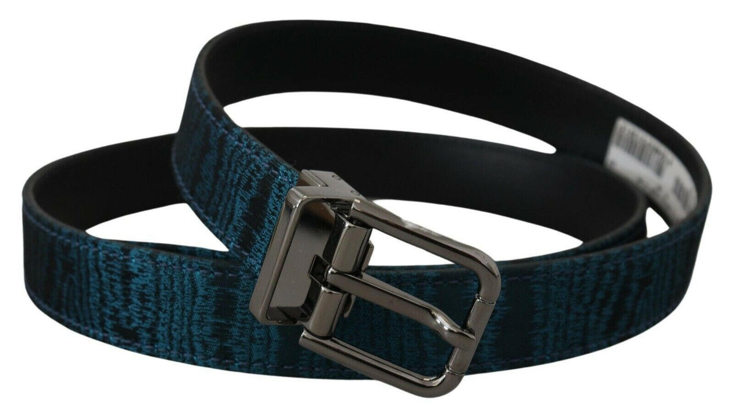 Dolce & Gabbana Blue Jacquard Moire Silver Metal Belt Men