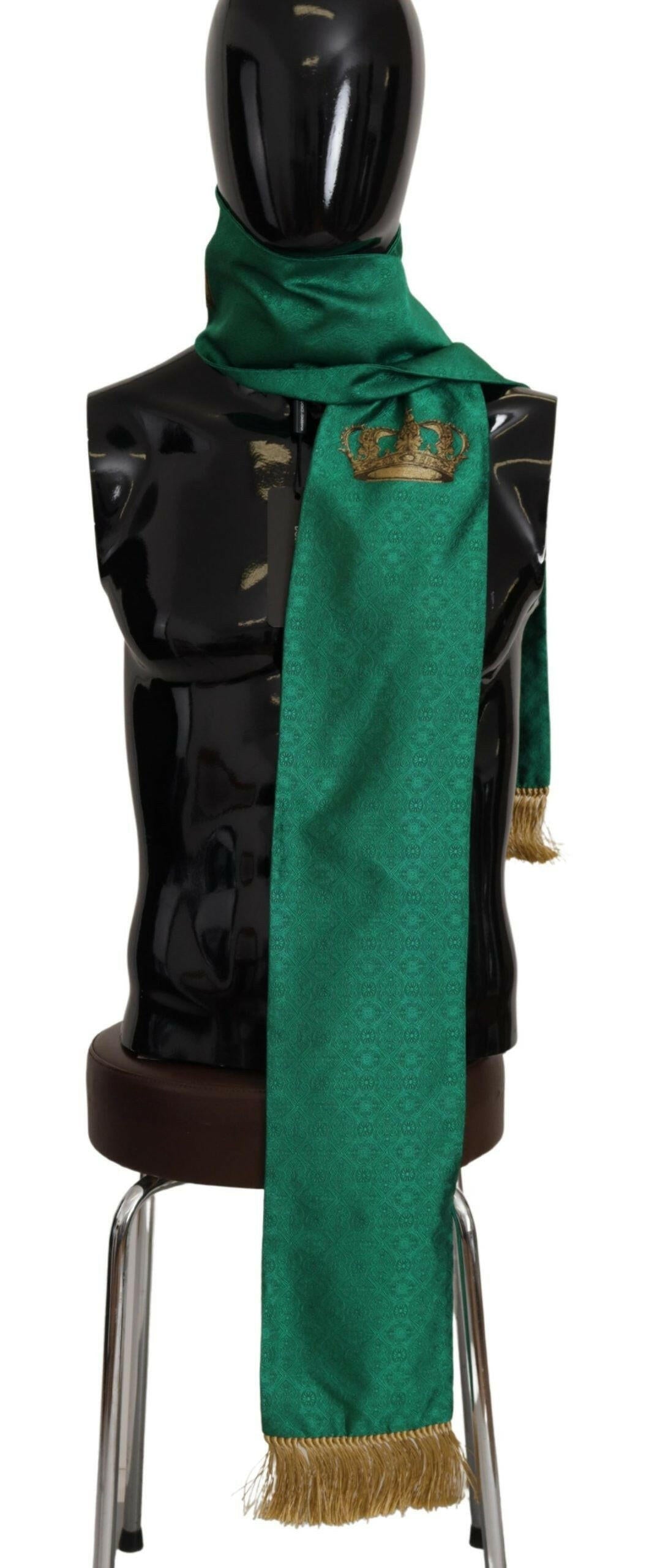 Dolce &amp; Gabbana Schal mit Fransen und grüner Kronenstickerei aus Seidenmischung