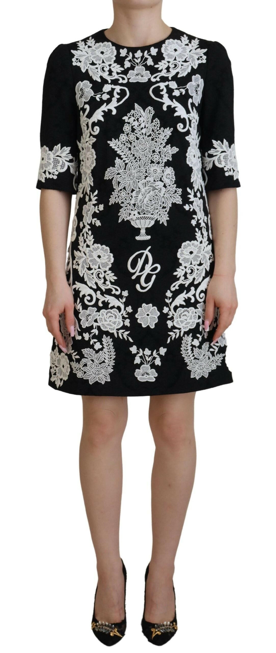 Dolce &amp; Gabbana – Schwarzes A-Linien-Kleid mit halblangen Ärmeln und Spitzenbesatz