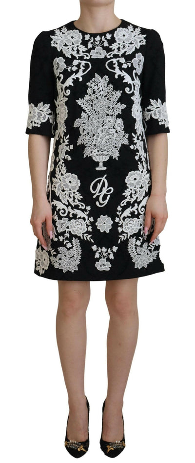 Dolce &amp; Gabbana – Schwarzes A-Linien-Kleid mit halblangen Ärmeln und Spitzenbesatz