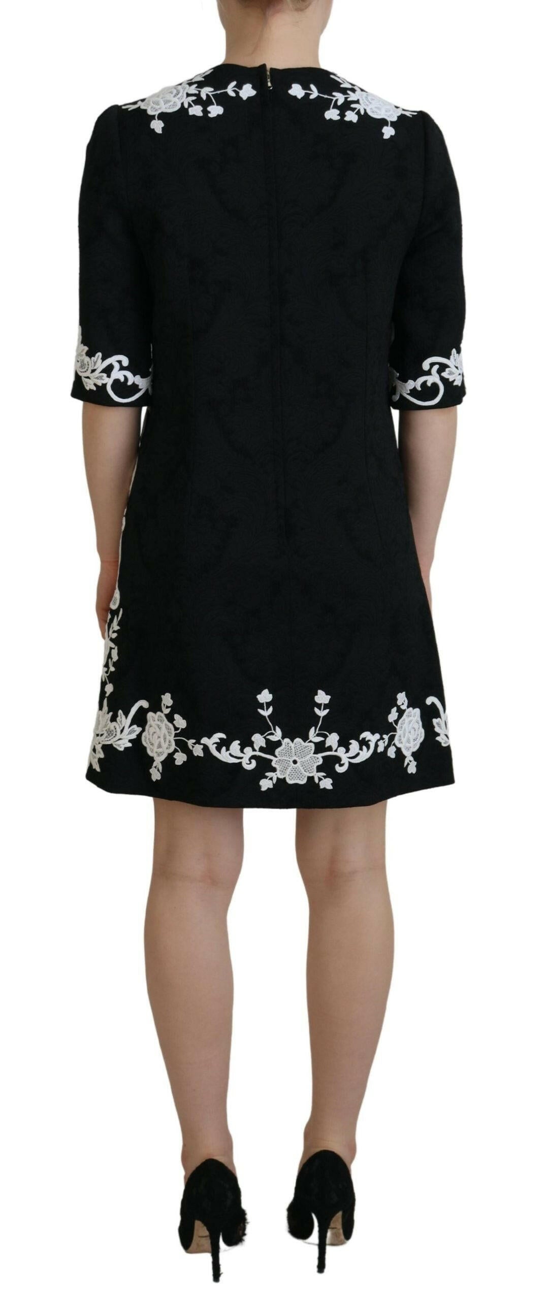 Dolce &amp; Gabbana – Schwarzes A-Linien-Kleid mit halblangen Ärmeln und Spitzenbesatz