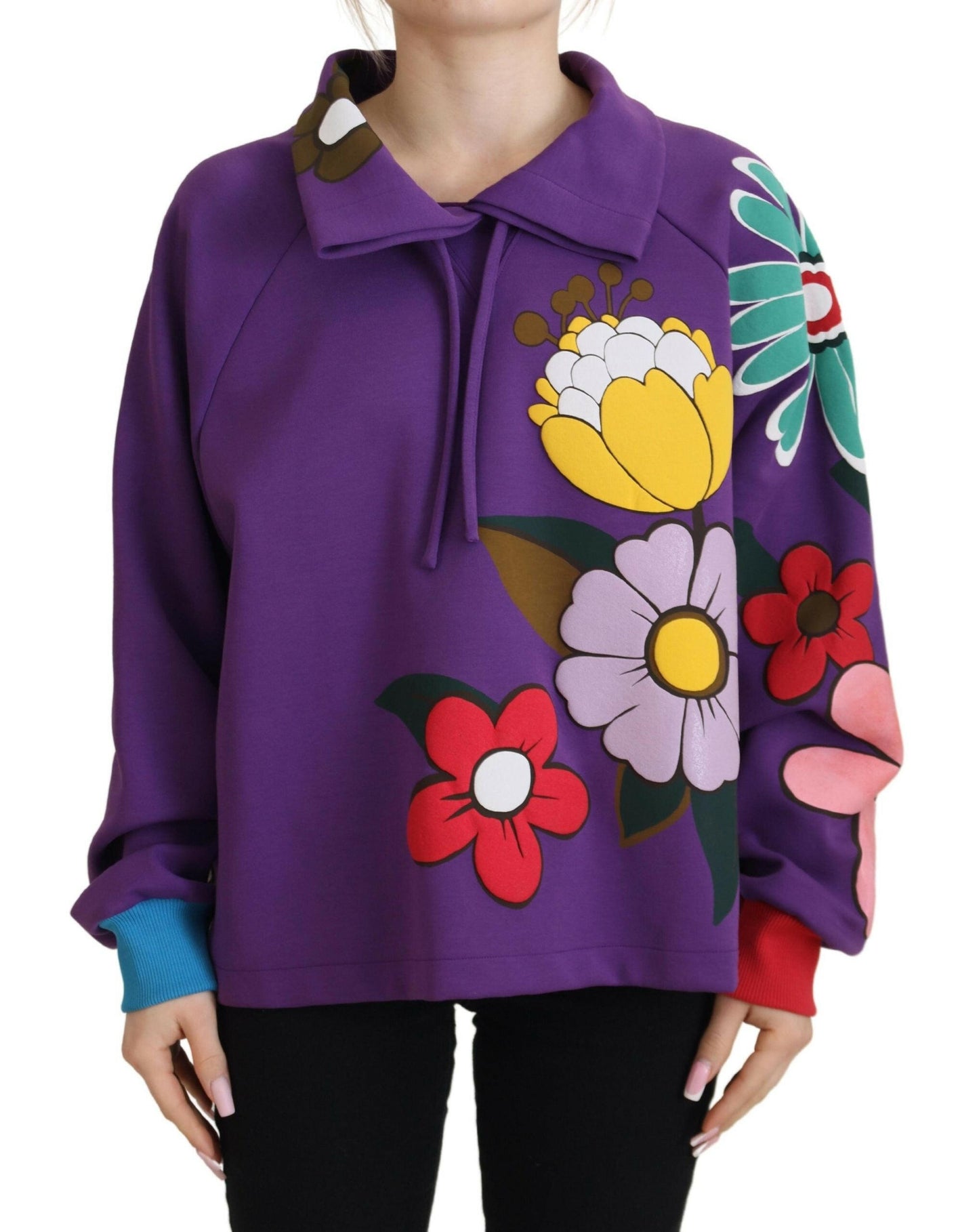 Dolce &amp; Gabbana Lilafarbener Baumwollpullover mit Blumendruck