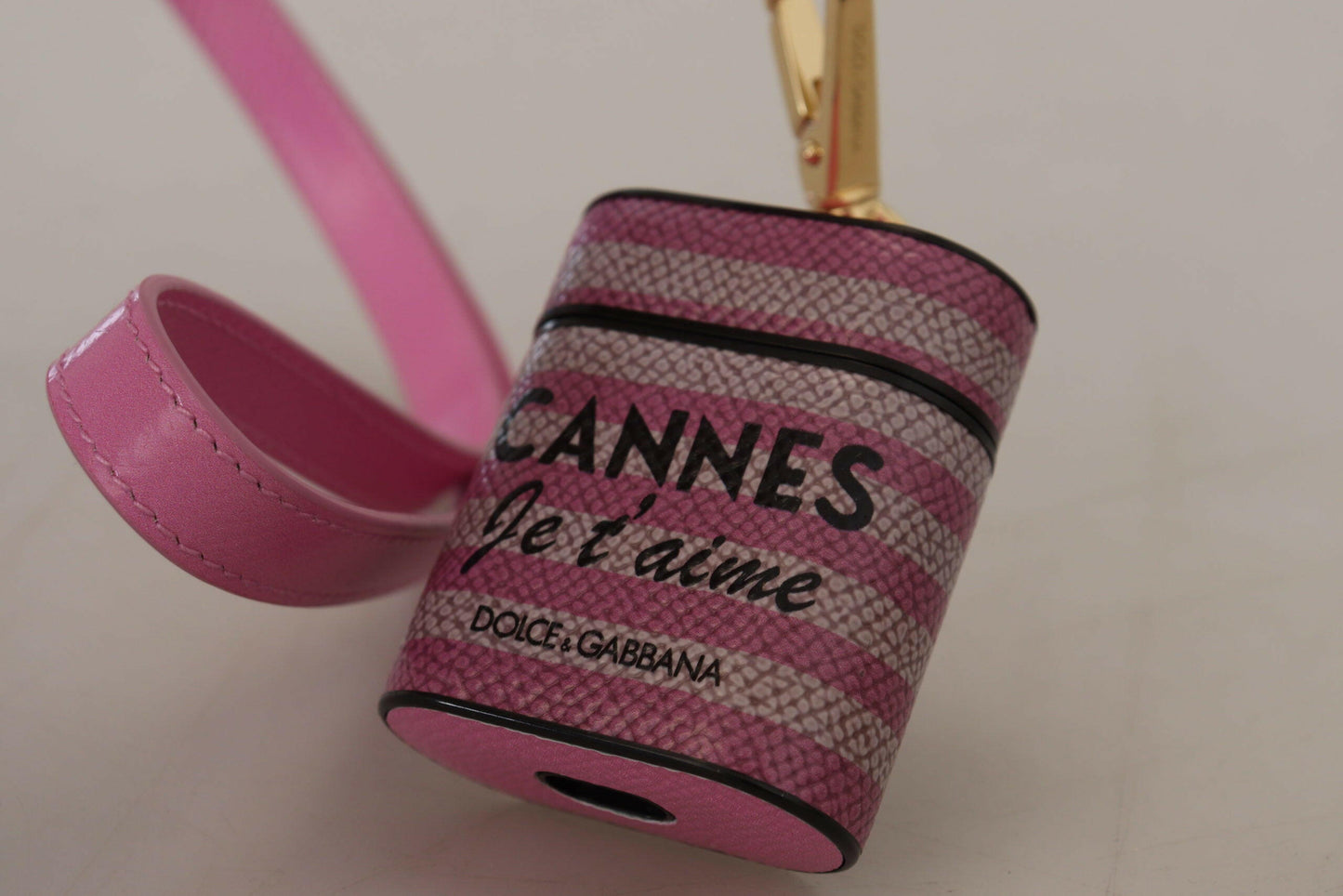 Dolce & Gabbana Pink Black Leather Strap Gold Metal Logo Airpods Case