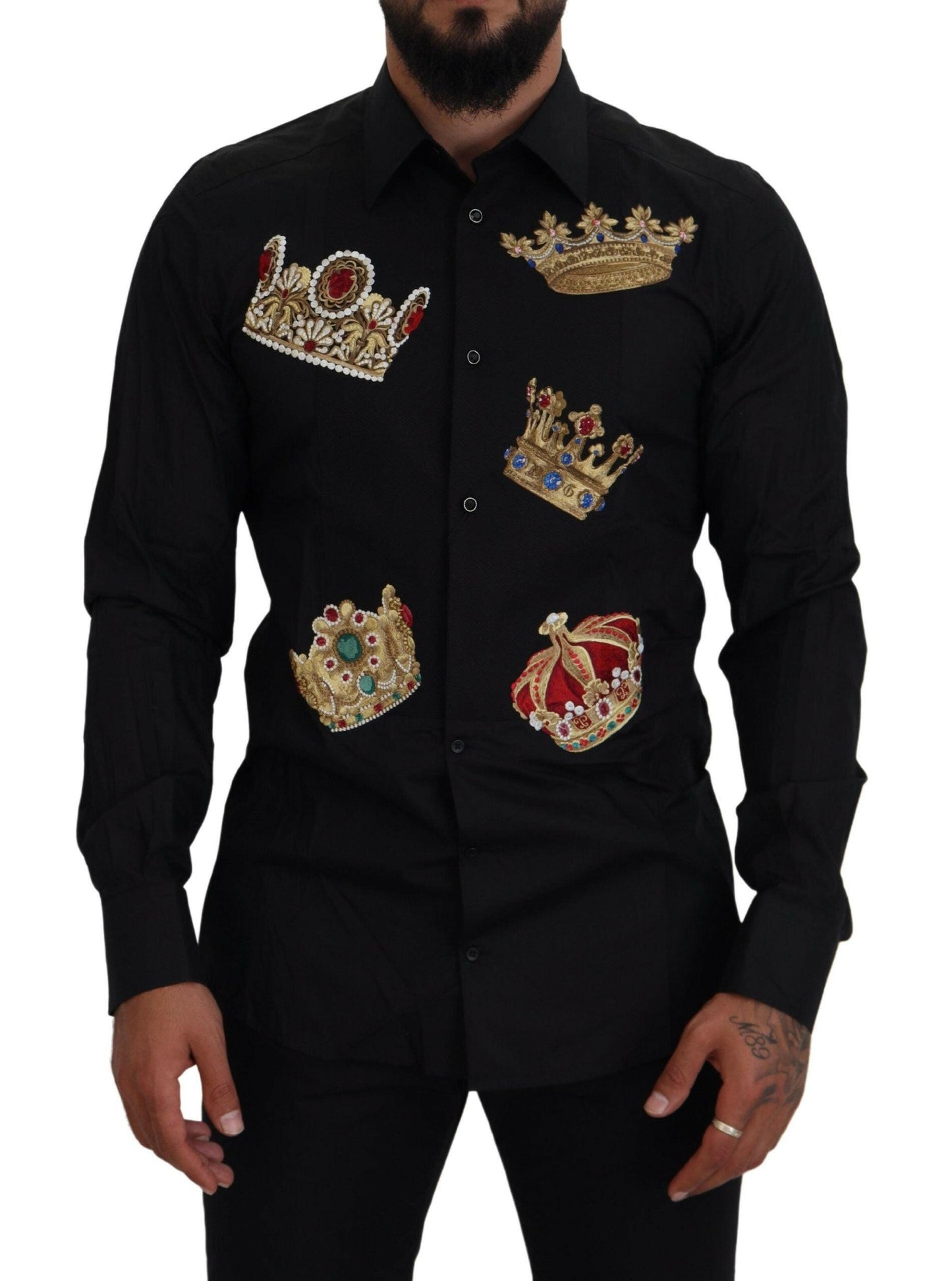 Chemise habillée noire élégante coupe slim Dolce &amp; Gabbana avec broderie couronne
