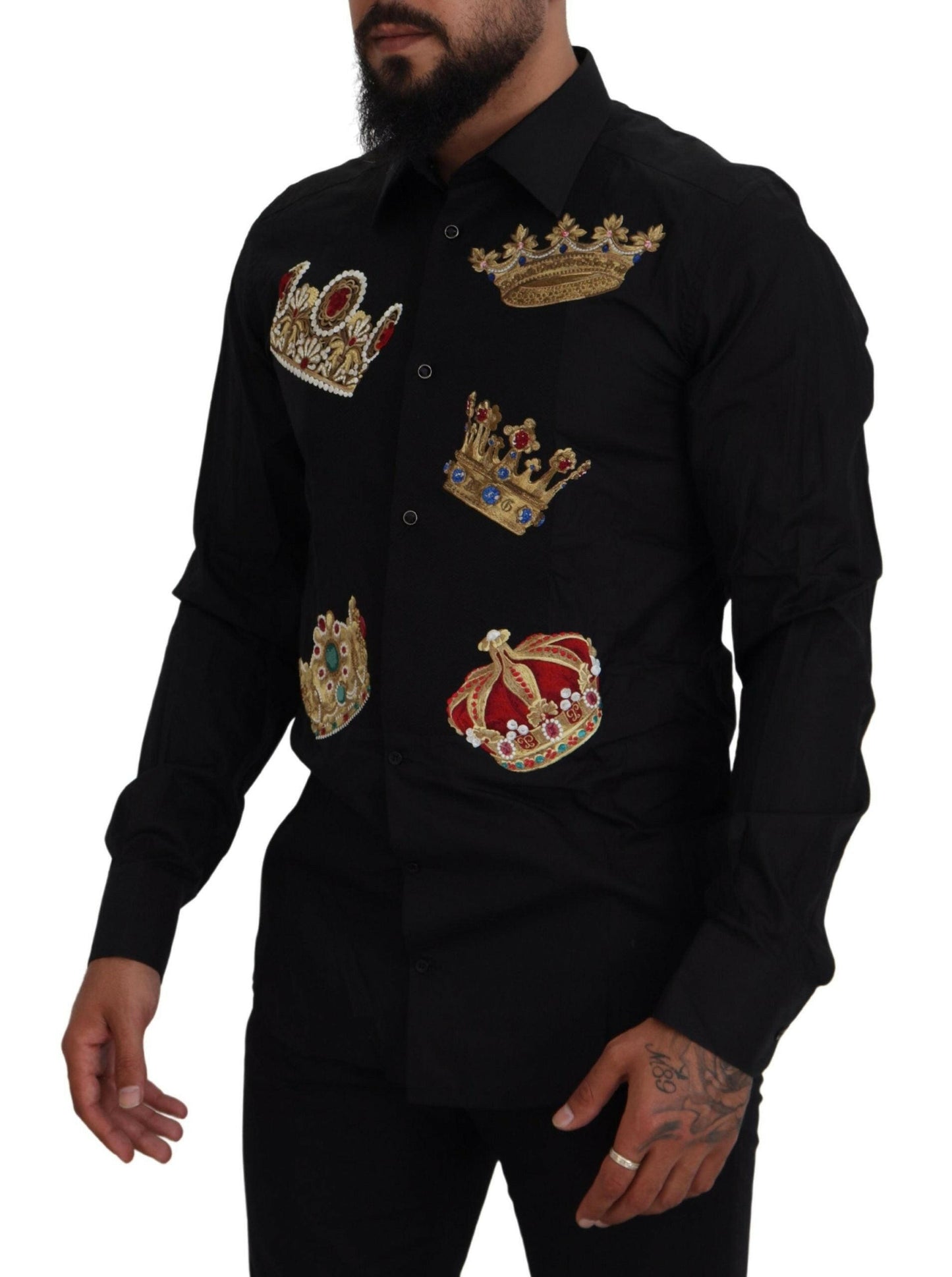 Chemise habillée noire élégante coupe slim Dolce &amp; Gabbana avec broderie couronne