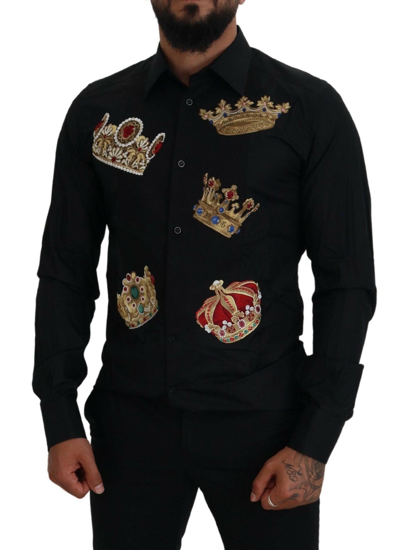Chemise habillée noire élégante coupe slim Dolce &amp; Gabbana avec broderie couronne