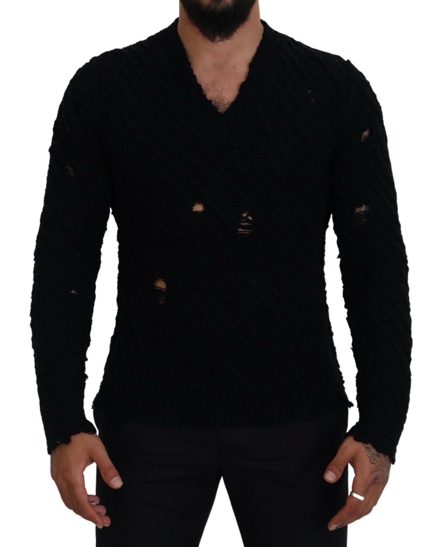 Dolce &amp; Gabbana Schwarzer Strickpullover aus Wolle mit V-Ausschnitt