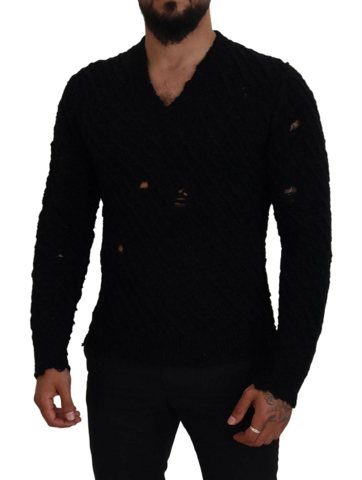 Dolce &amp; Gabbana Schwarzer Strickpullover aus Wolle mit V-Ausschnitt