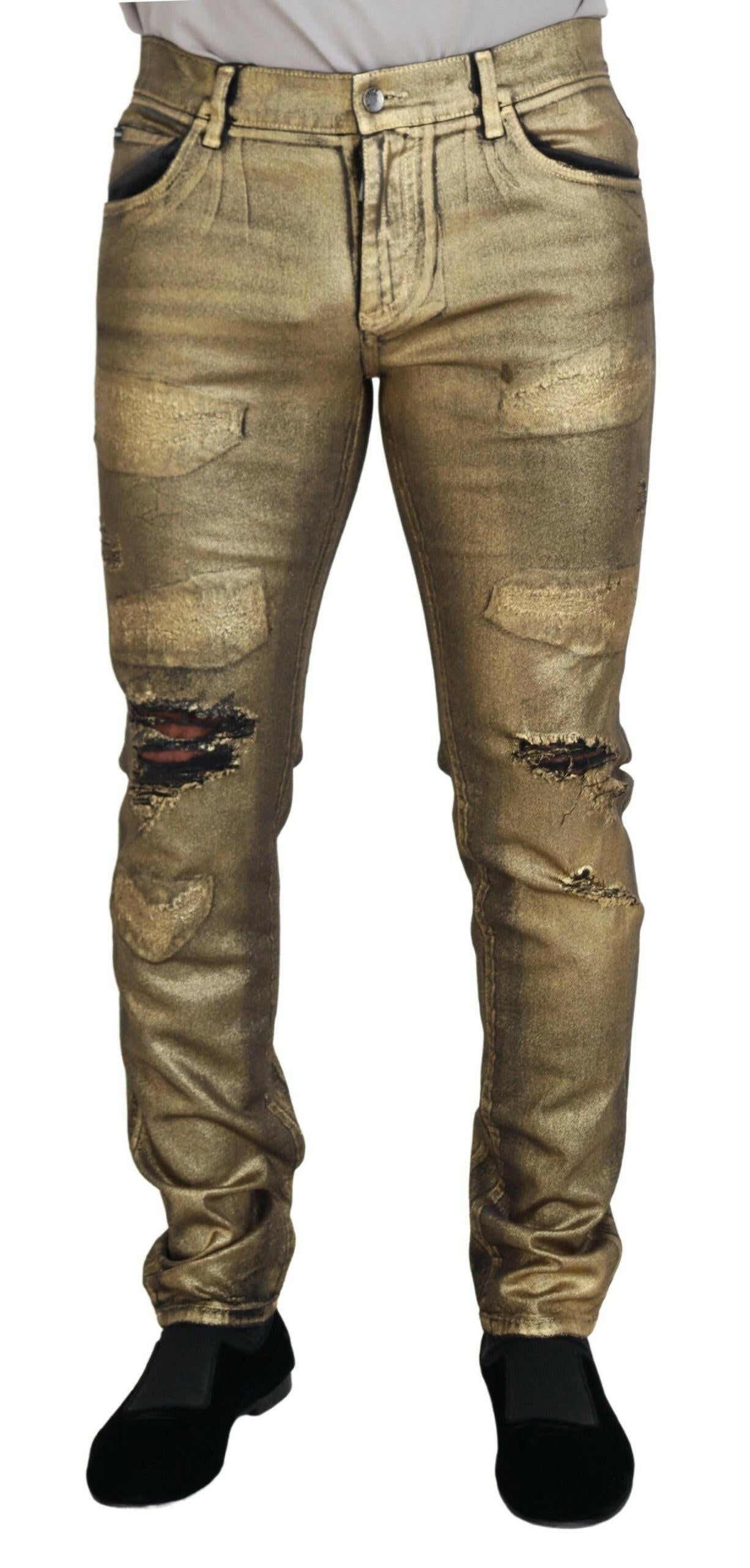 Dolce &amp; Gabbana – Zerfetzte Skinny-Jeans aus goldener Baumwolle für Herren