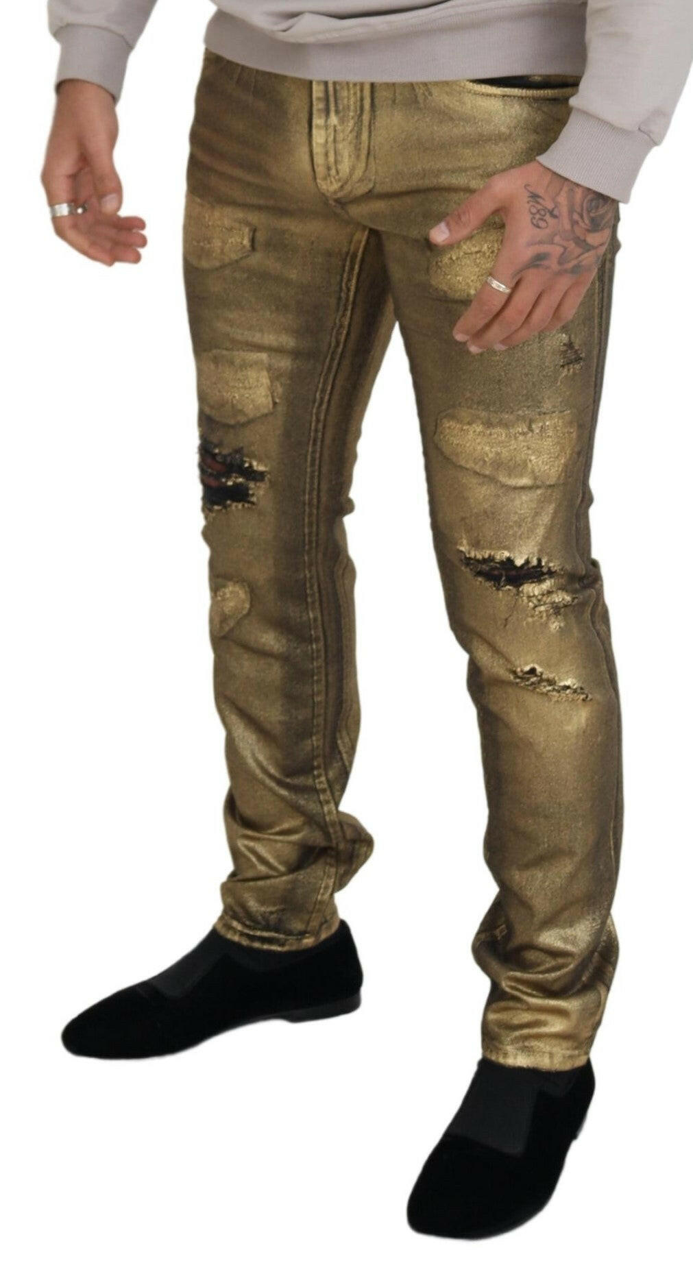 Dolce &amp; Gabbana – Zerfetzte Skinny-Jeans aus goldener Baumwolle für Herren