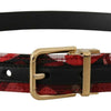 Dolce & Gabbana Red Jacquard Rose Leather Gold Metal Buckle Belt