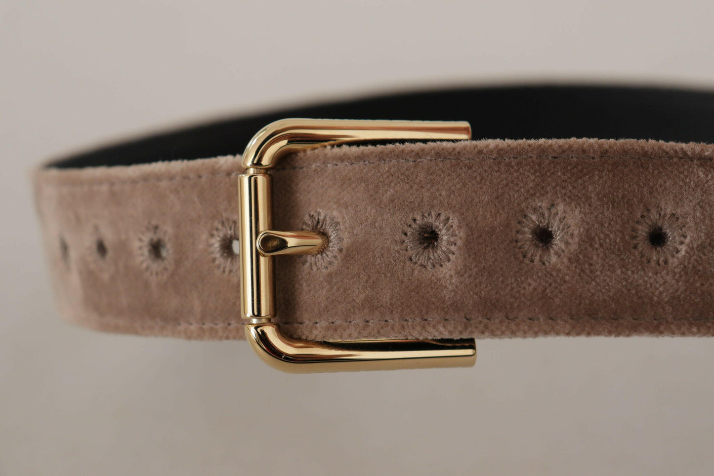 Dolce & Gabbana Light Brown Velvet Gold Tone Logo Metal Buckle Belt