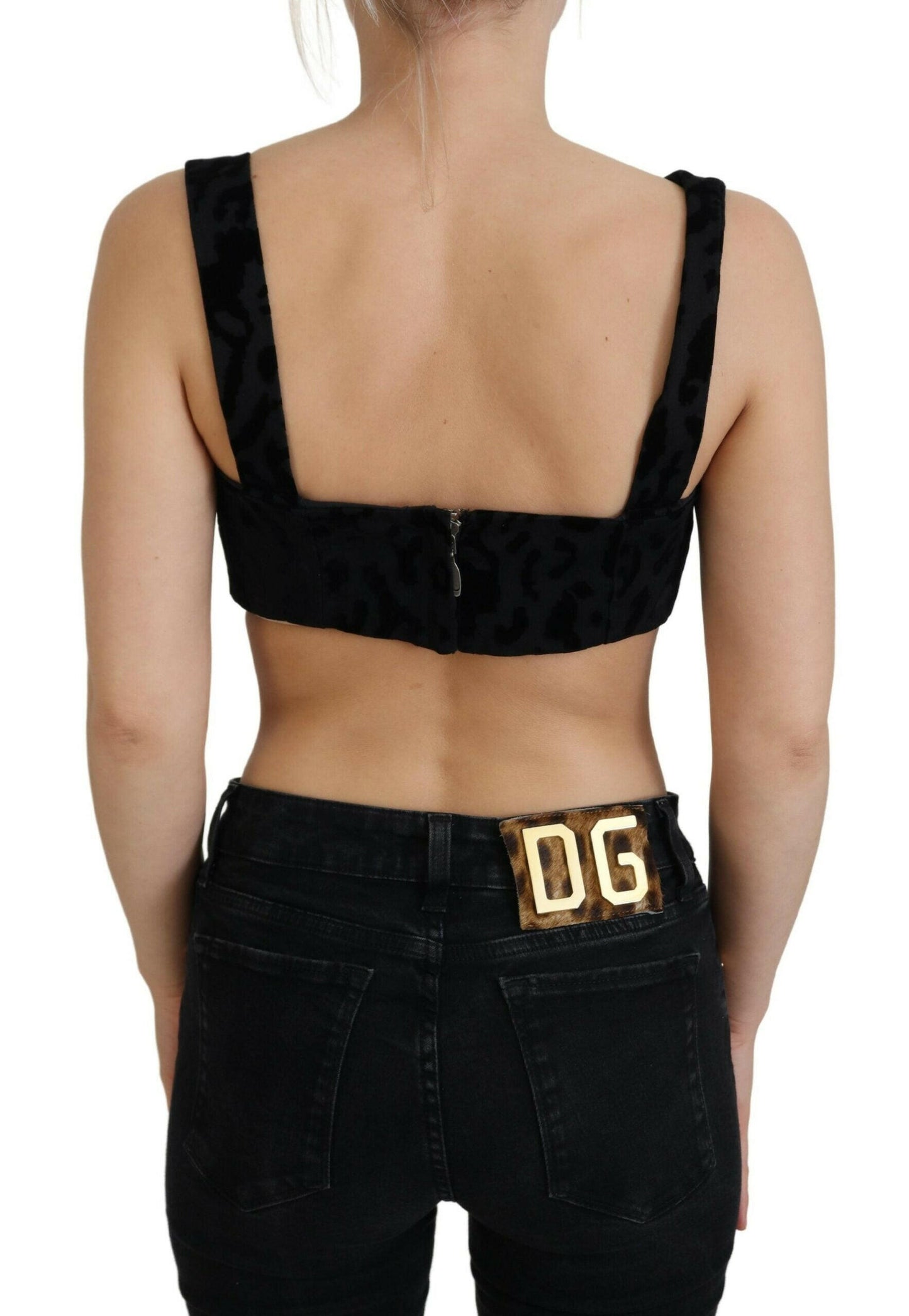 Dolce &amp; Gabbana – Schwarzes, kurzes Bustier-Korsett-BH-Oberteil mit Leopardenmuster