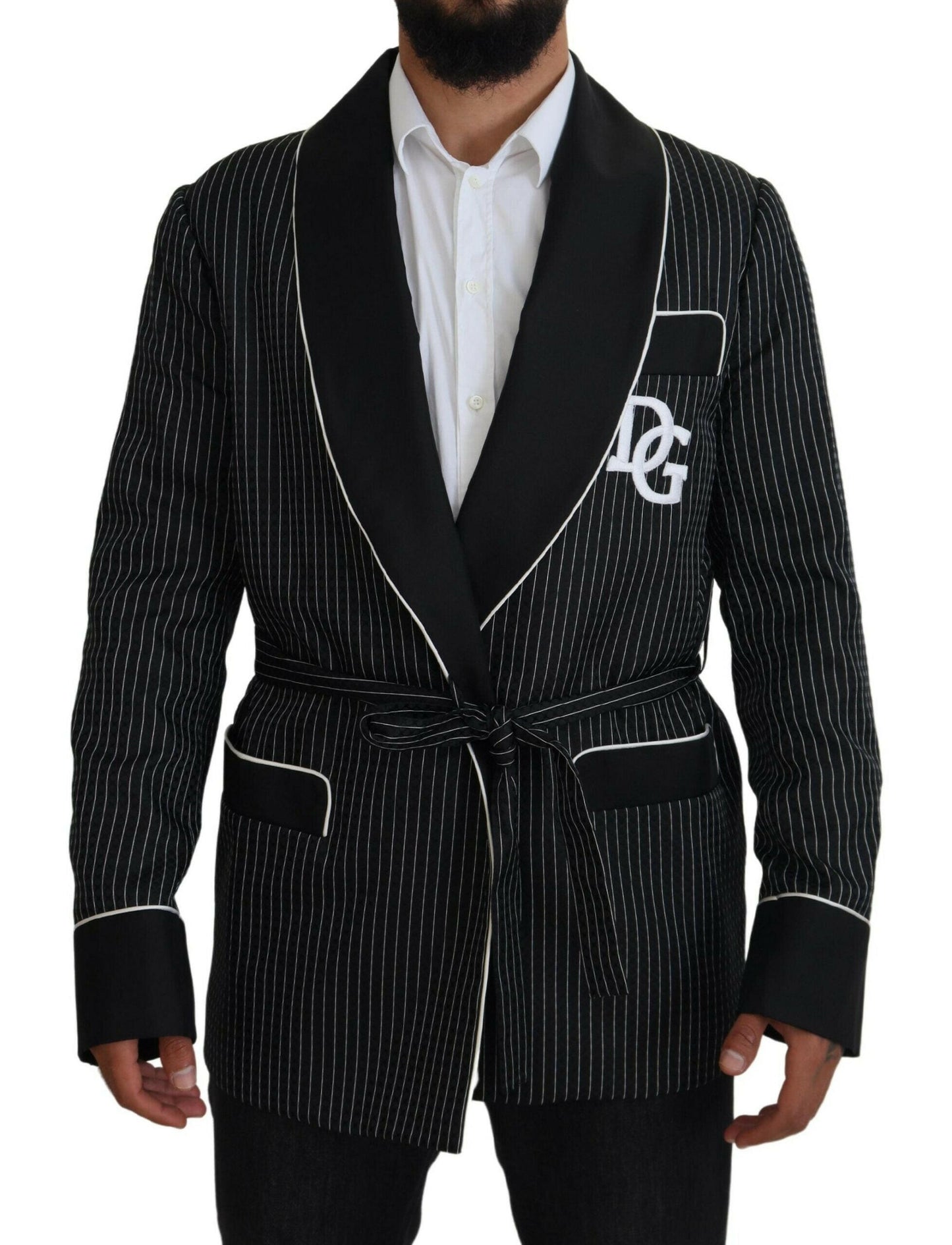 Dolce &amp; Gabbana Schwarze Robe Gestreifte DG Patch Jacke Herren Blazer