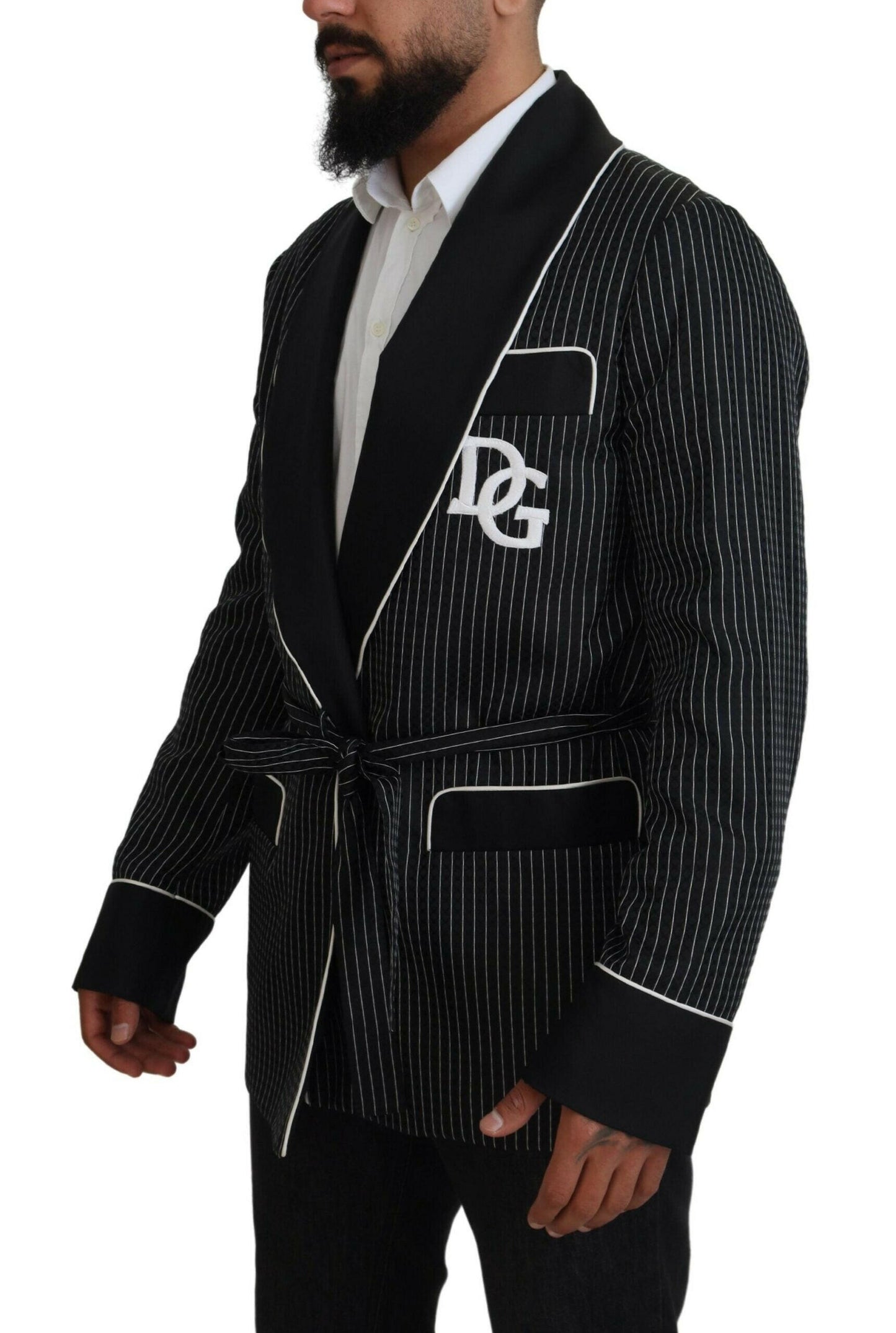 Dolce &amp; Gabbana Schwarze Robe Gestreifte DG Patch Jacke Herren Blazer
