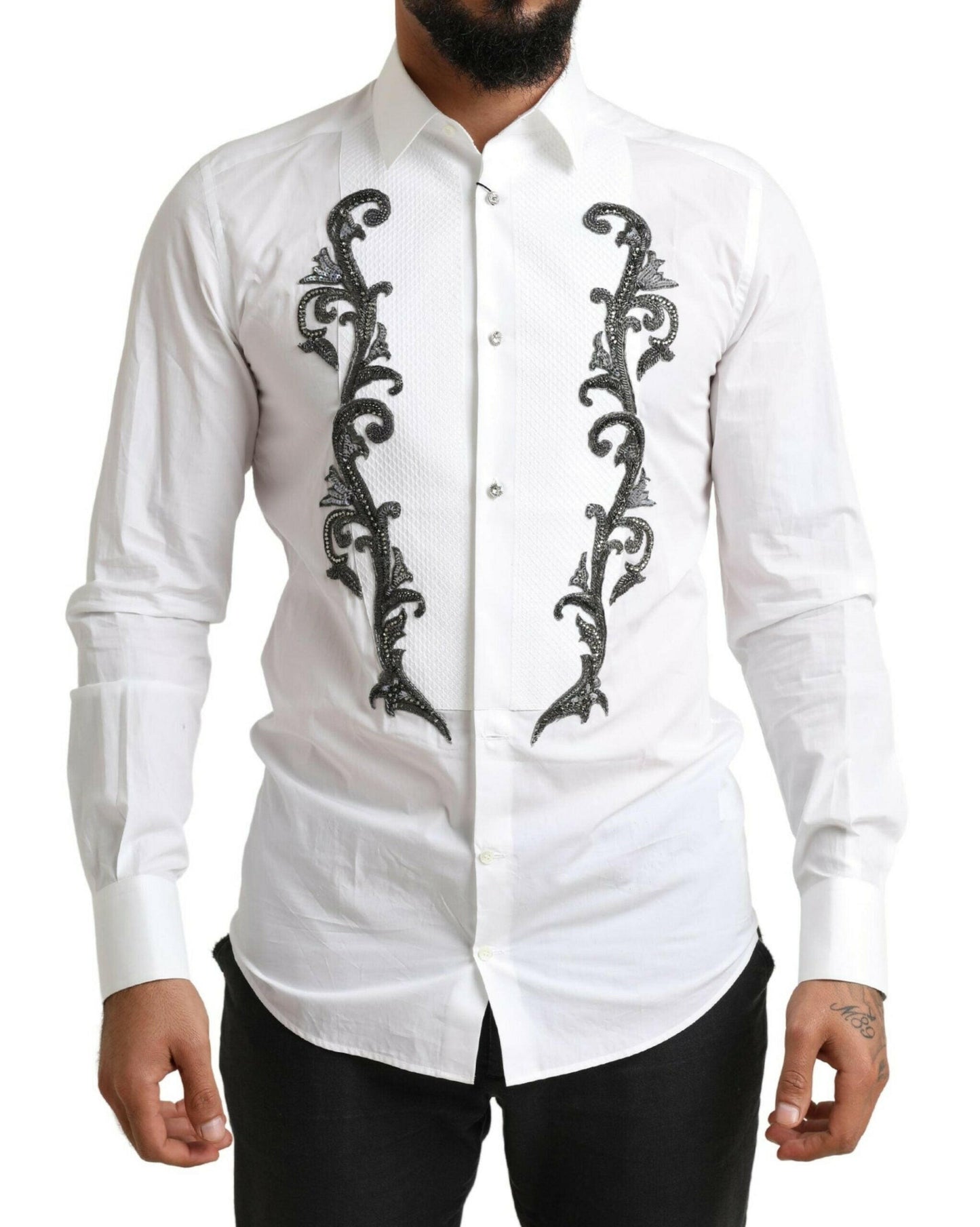 Dolce & Gabbana White Tuxedo Slim Fit Baroque Shirt