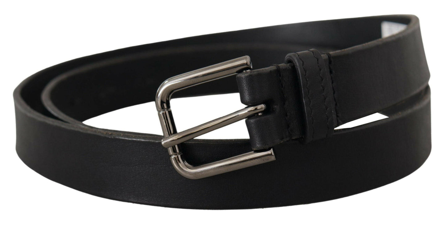 Dolce & Gabbana Black Calf Leather Logo Engraved Metal Buckle Belt