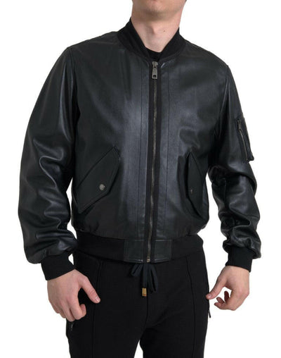 Dolce & Gabbana Black Leather Blouson Full Zip Bomber Jacket