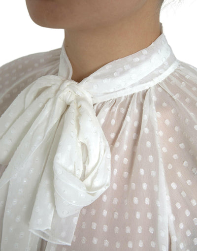 Dolce & Gabbana White Silk Sheer Tied Neck Polka Dots Blouse
