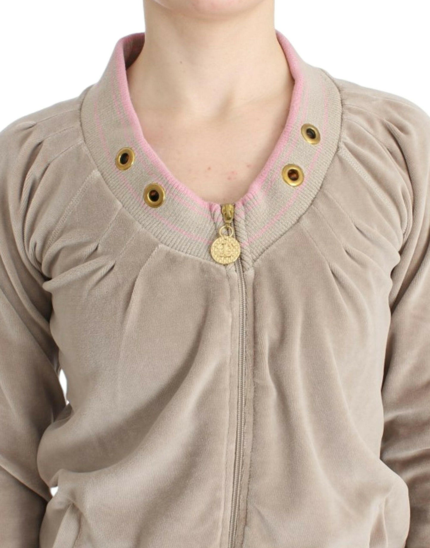 Cardigan zippé beige Cavalli avec détails dorés
