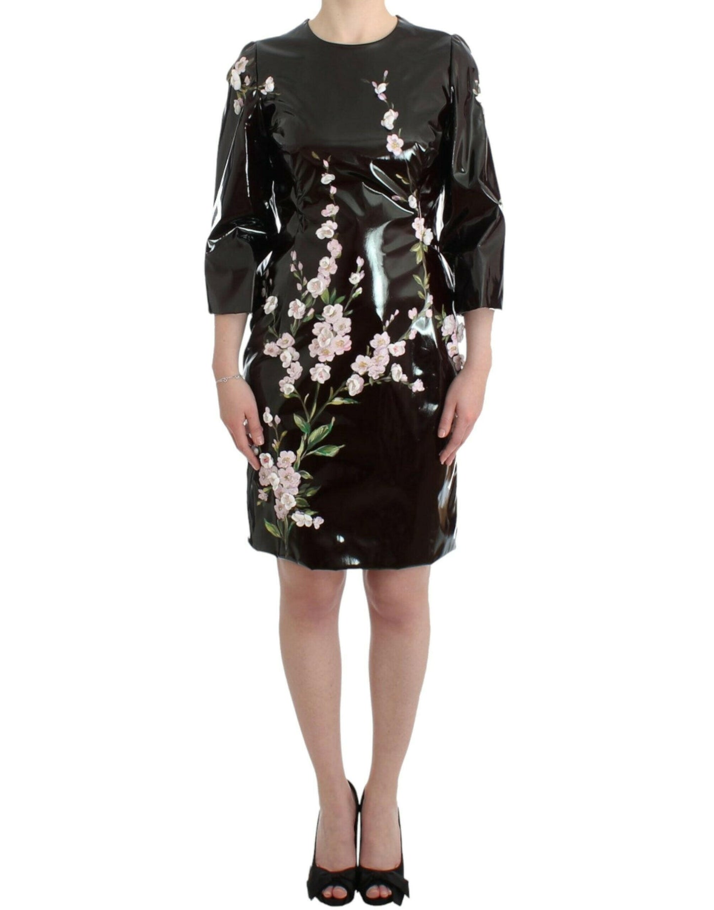 Dolce &amp; Gabbana Schwarzes Lackkleid mit Blumenmuster, handbemalt