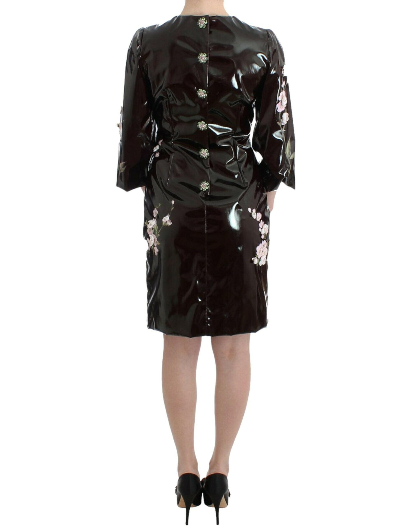 Dolce &amp; Gabbana Schwarzes Lackkleid mit Blumenmuster, handbemalt