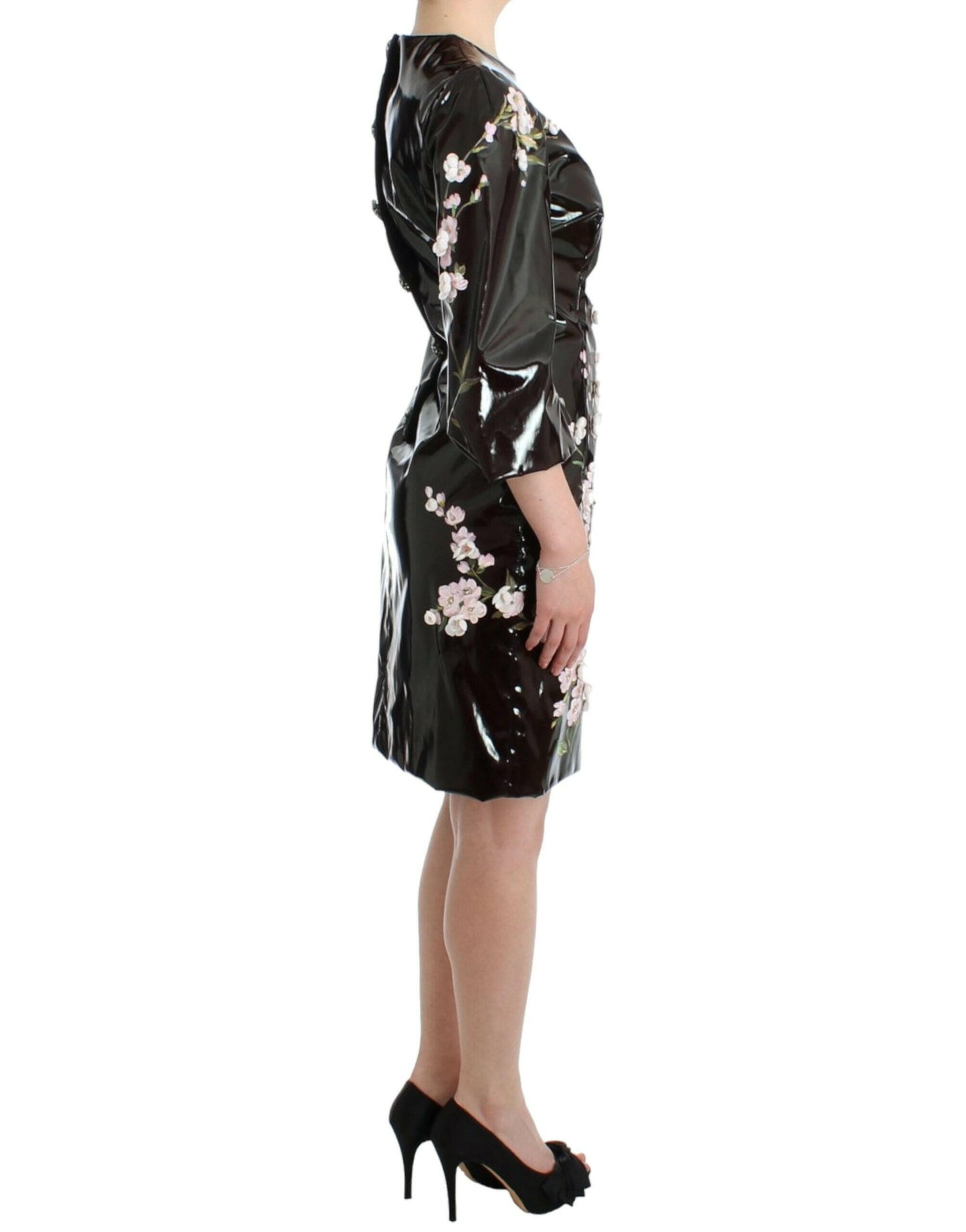 Dolce &amp; Gabbana Schwarzes Lackkleid mit Blumenmuster, handbemalt