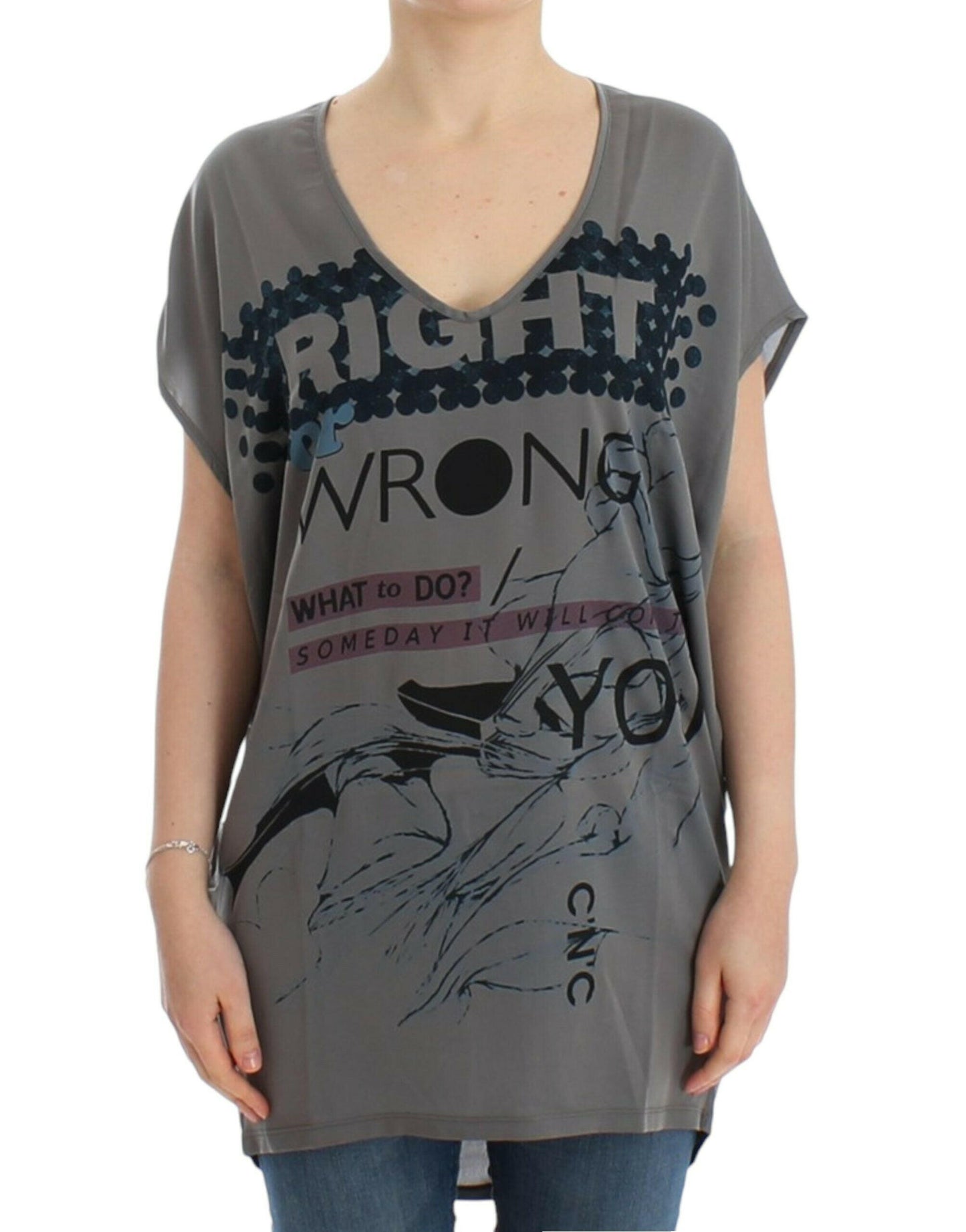 Costume National – Graues, langes T-Shirt mit V-Ausschnitt