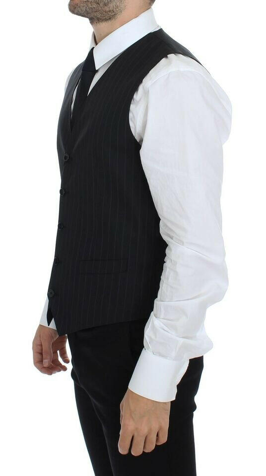 Dolce &amp; Gabbana Chic Robe Gilet en Laine et Soie à Rayures Noires