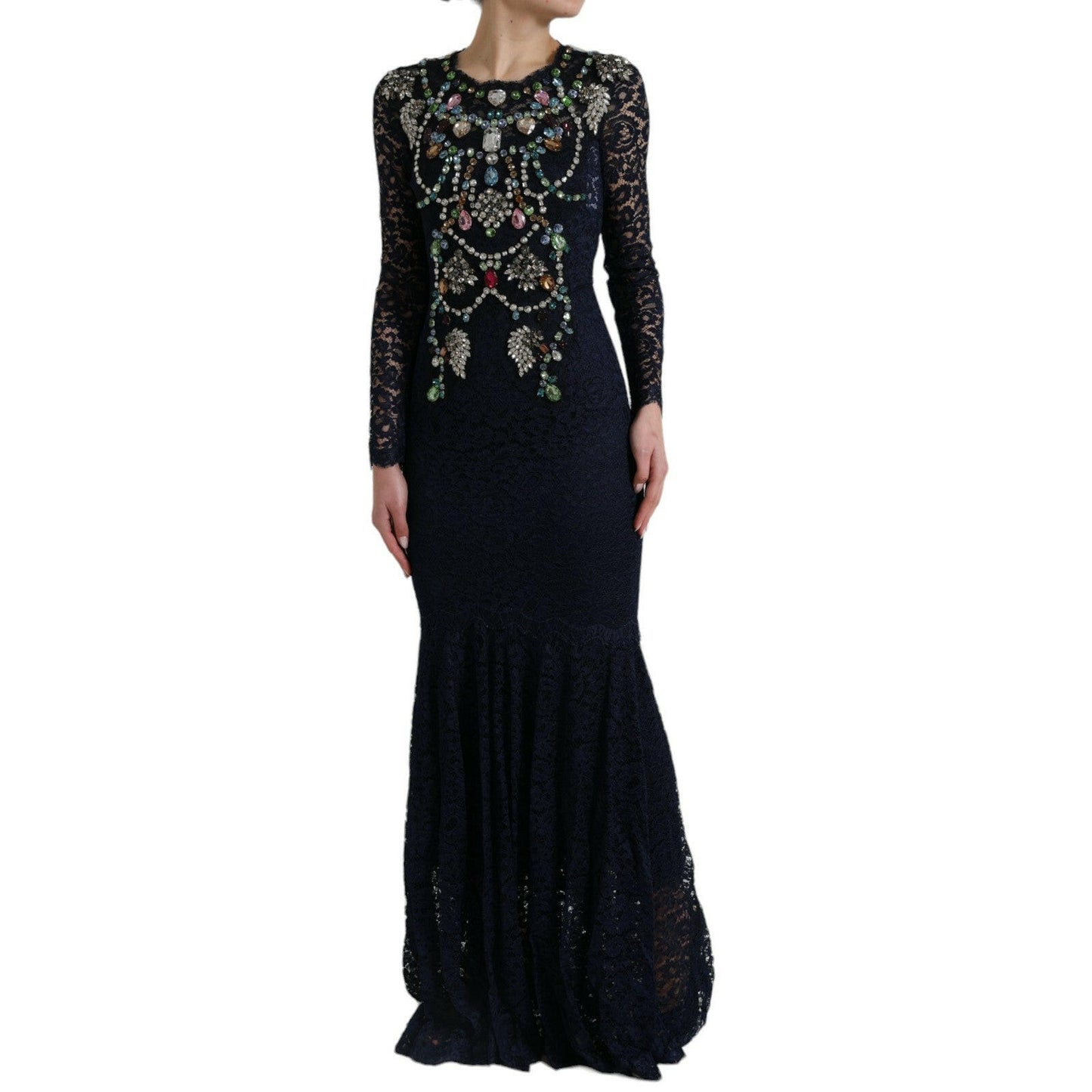 Dolce & Gabbana Blue Crystal Floral Lace Long Gown Dress