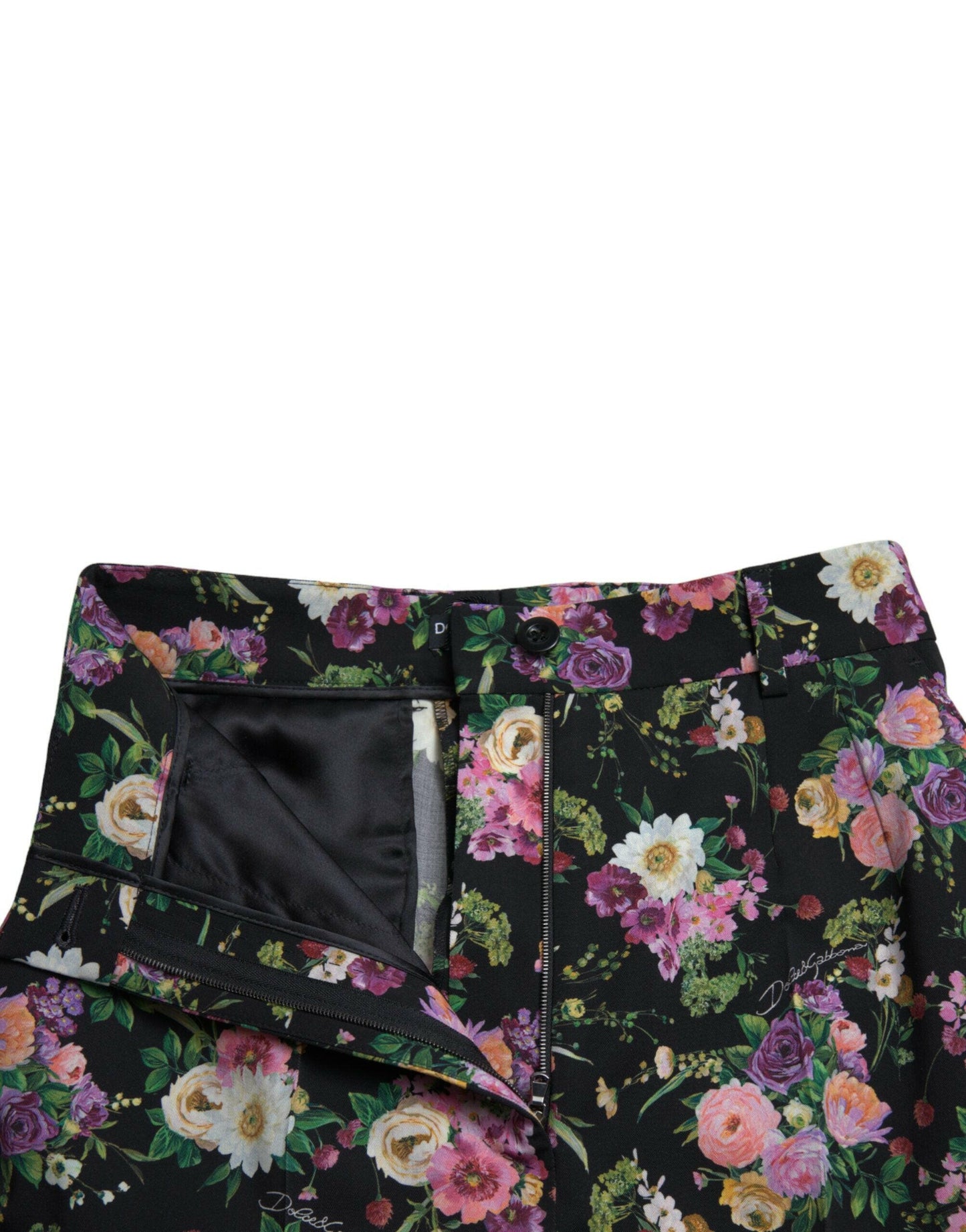 Dolce &amp; Gabbana – Schwarze Wollhose mit Blumenmuster und hoher Taille und weitem Bein