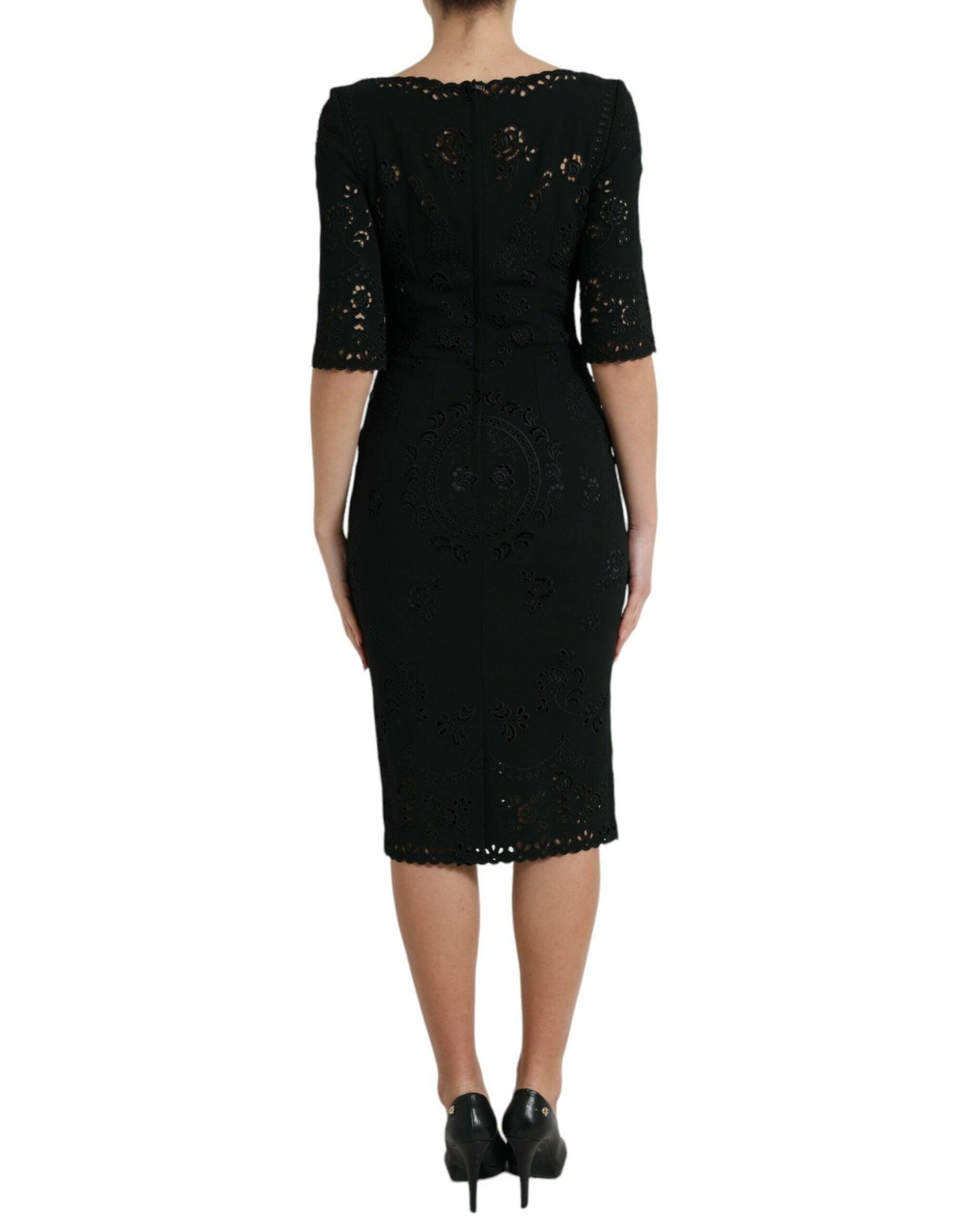Dolce & Gabbana Black Floral Lace Viscose Bodycon Midi Dress