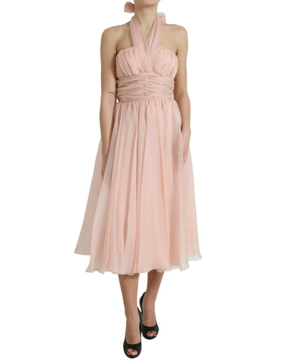Dolce &amp; Gabbana – Neckholder-Midikleid in A-Linie und mit Plissee in Rosa aus Seidenchiffon
