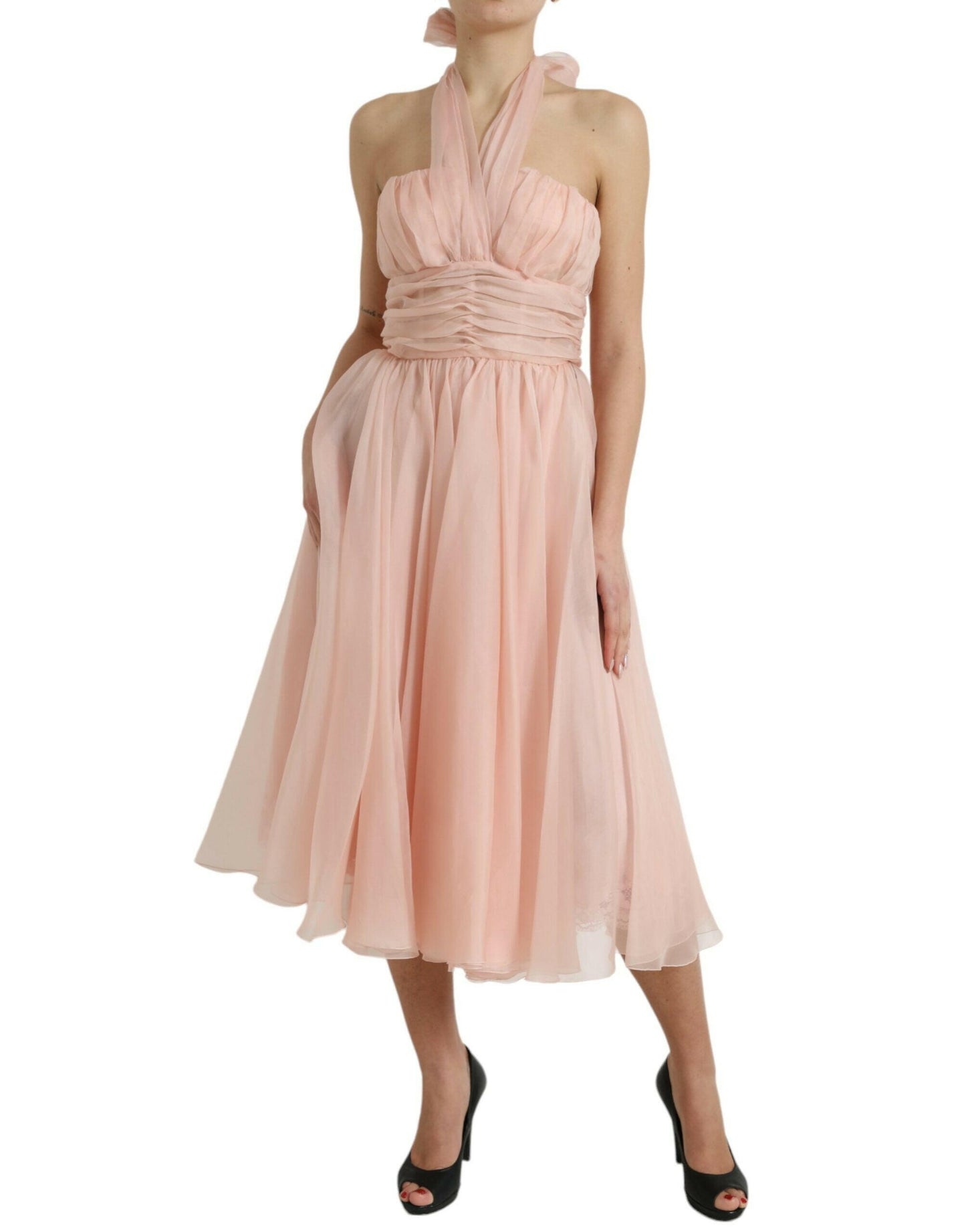 Dolce &amp; Gabbana – Neckholder-Midikleid in A-Linie und mit Plissee in Rosa aus Seidenchiffon