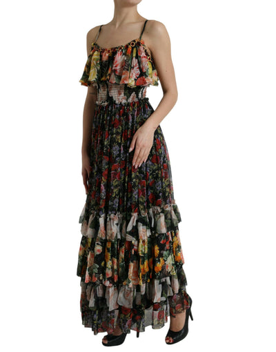 Dolce &amp; Gabbana – Mehrfarbiges, gestuftes Maxikleid aus Chiffon mit Blumenmuster